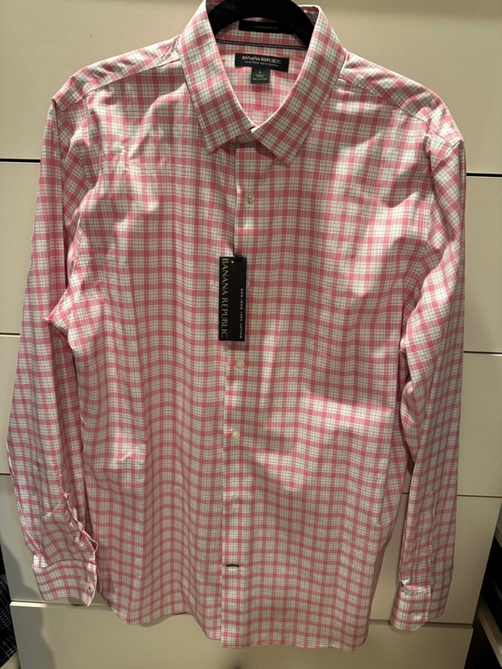 Banana Republic Men's Pink and White Plaid Dress Shirt